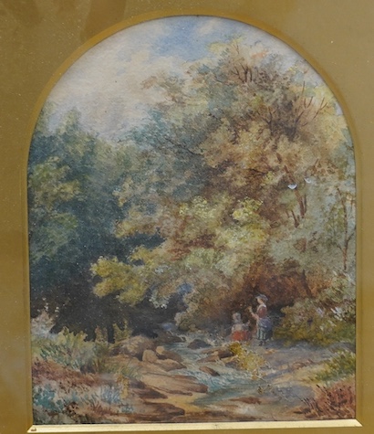 Victorian School, watercolour, Figures beside a woodland stream, 18 x 14cm. Condition - fair